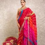 Gulkand Lehariya Saree | Aari Gottapati Work on Chinon | Jaipurio Designer Collection